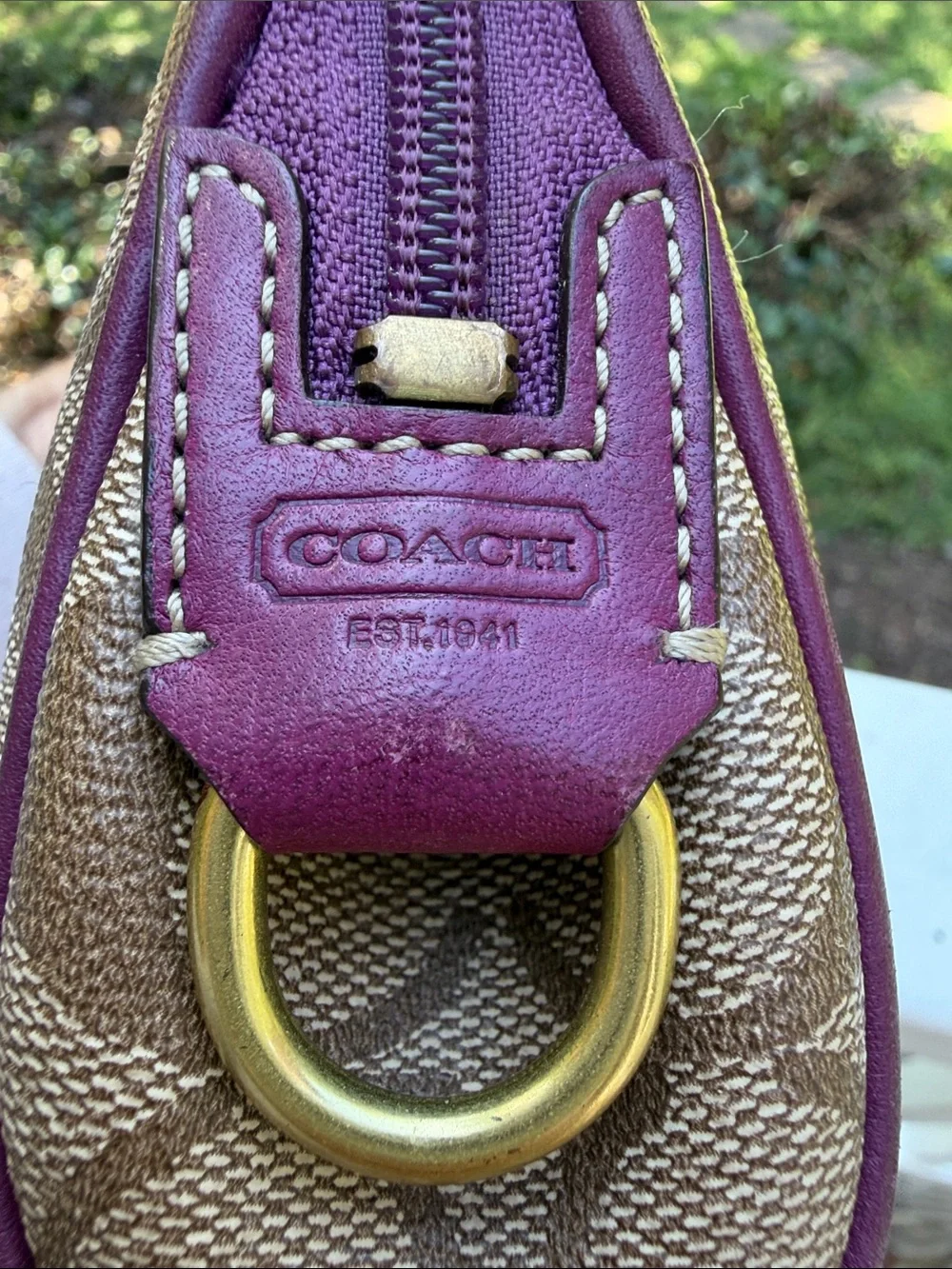 Vintage Coach Signature Canvas Cosmetic Pouch in Tan & Purple Tattersall lining